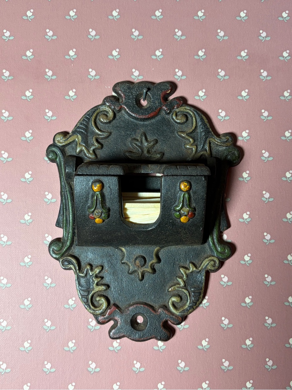 Wilton Cast Iron Match Stick Holder~Wall Mount~Vintage 1930s Hand Painted